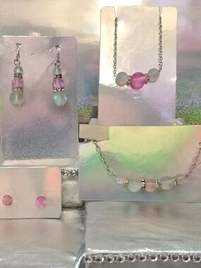 Pink and Frosted Bead Necklace and Earring Set - Women Jewelry